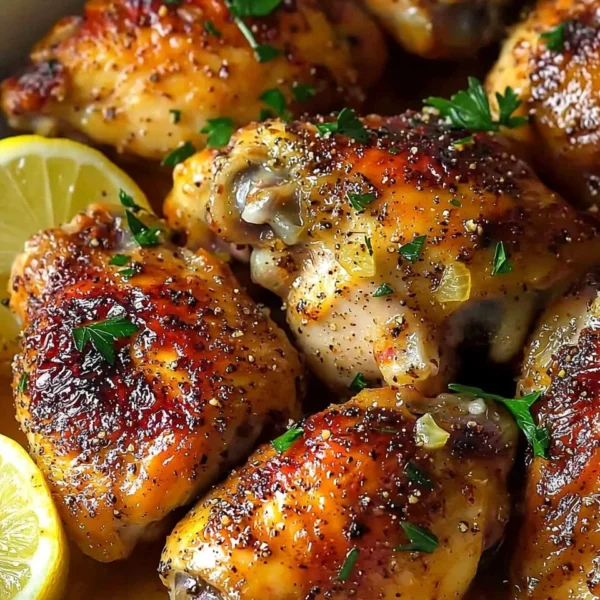 Delicious baked lemon butter chicken served on a plate with herbs and lemon slices.