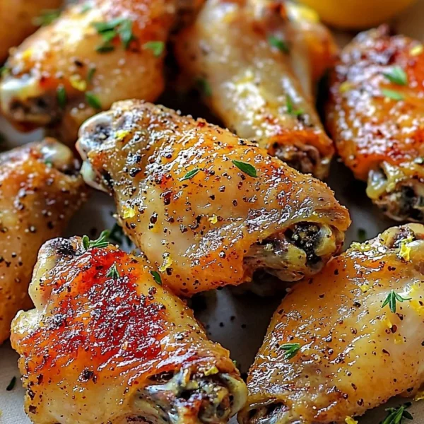 Baked lemon garlic chicken wings arranged on a platter with fresh herbs.