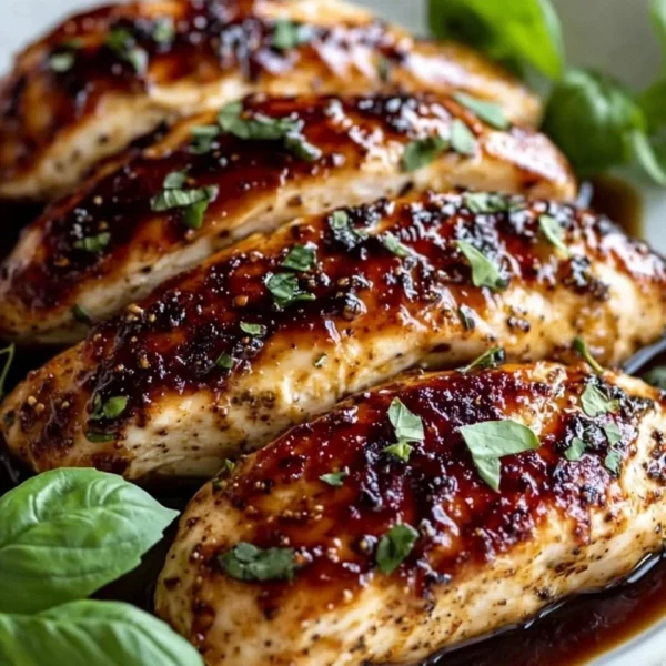 Balsamic baked chicken breast served with vegetables on a plate