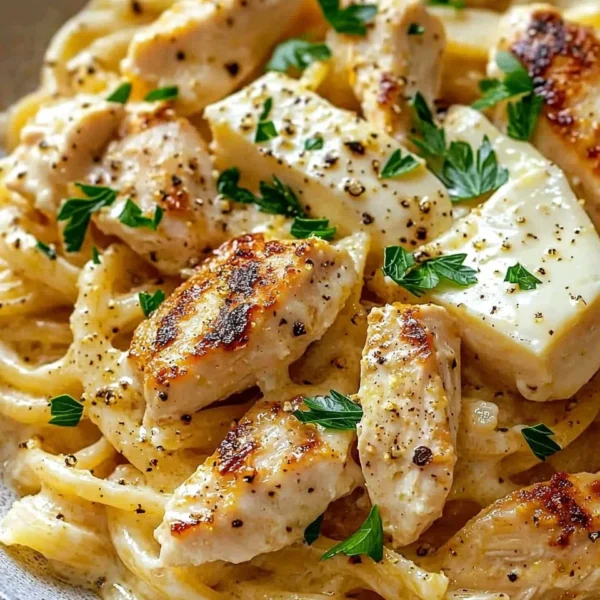 Boursin Chicken Pasta garnished with herbs and served on a plate