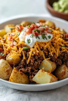 Cheesy taco potatoes topped with melted cheese and colorful toppings