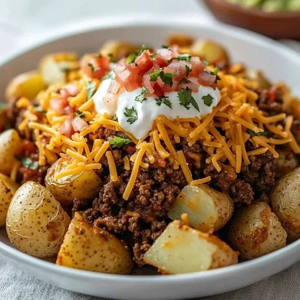Cheesy taco potatoes topped with melted cheese and colorful toppings
