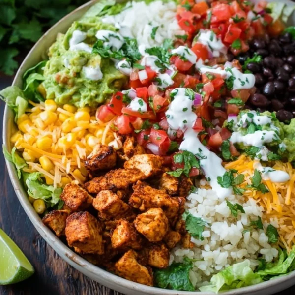 Delicious Chicken Burrito Bowl with fresh toppings and vibrant colors.