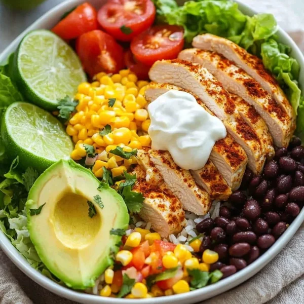 Delicious chicken burrito bowl topped with fresh ingredients and served in a colorful bowl.