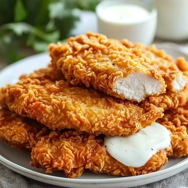 Plate of Chicken Fried Chicken with crispy coating and garnishes.