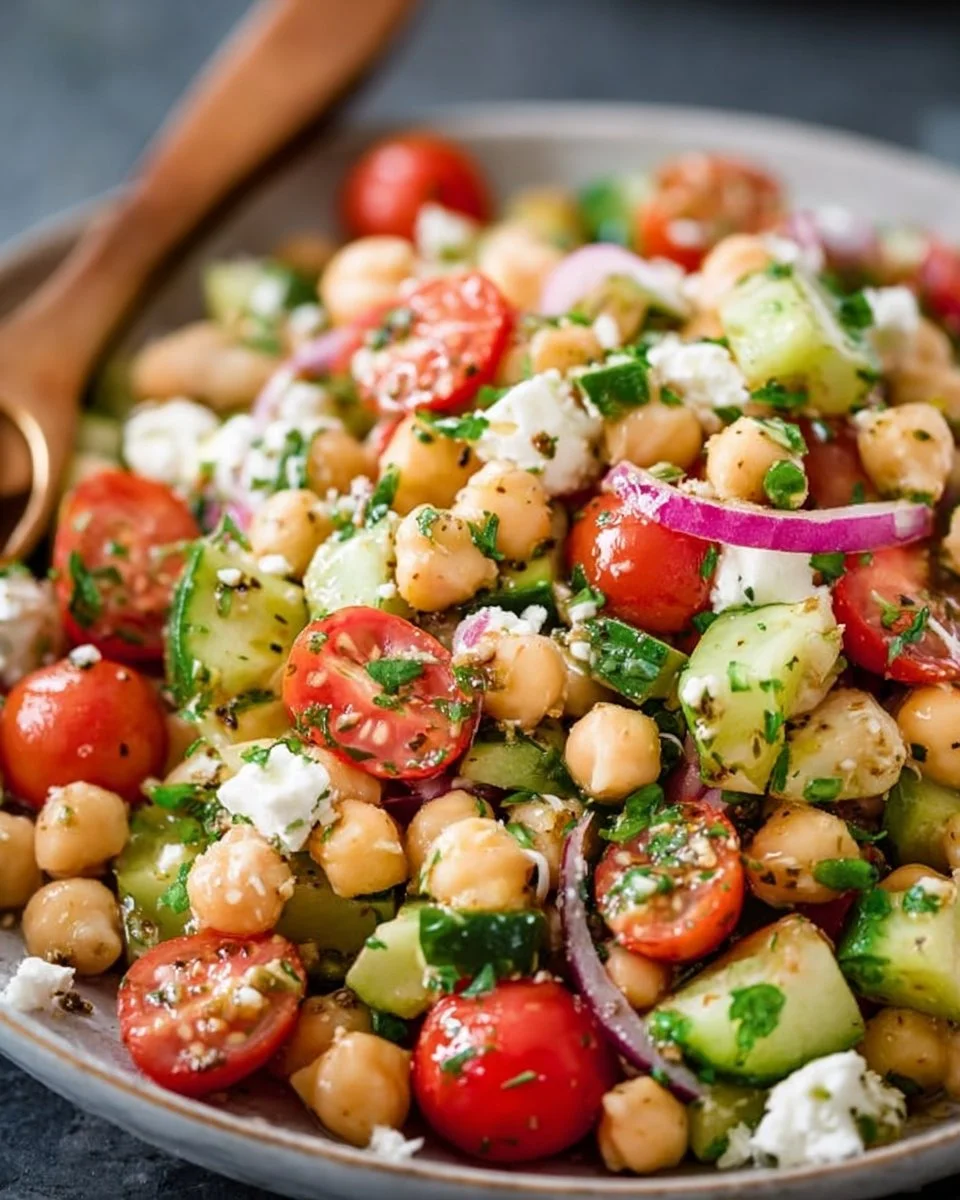 Colorful chickpea salad with vegetables and herbs in a bowl