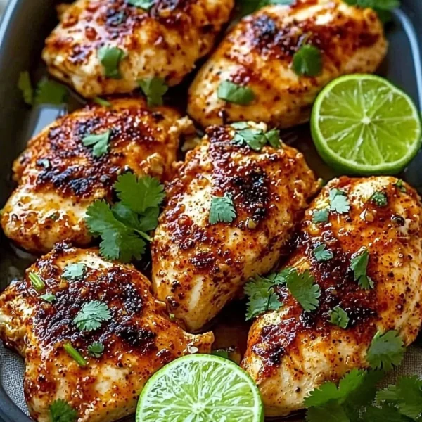 Plate of delicious Chili Lime Chicken garnished with lime slices and cilantro