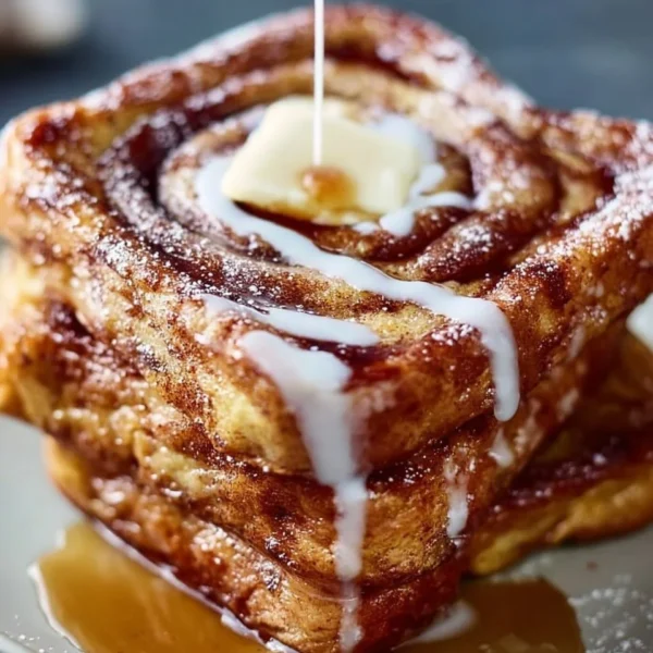 Delicious cinnamon roll French toast topped with icing and berries