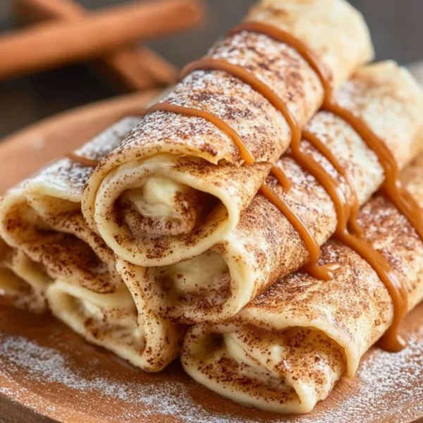 Delicious cinnamon roll protein crepes topped with icing and cinnamon