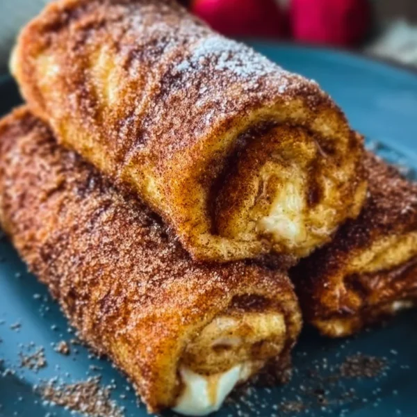 Cinnamon Sugar French Toast Roll-Ups on a plate garnished with syrup and fruit