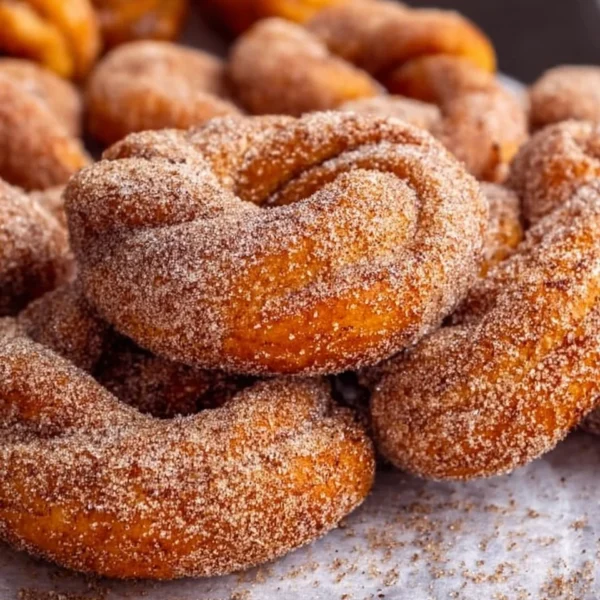 Freshly baked Cinnamon Sugar Twist Donuts dusted with cinnamon and sugar
