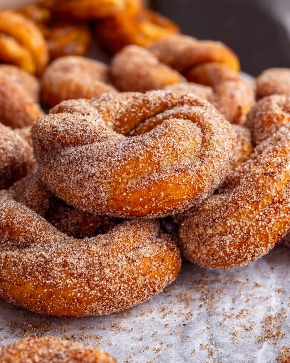 Freshly baked Cinnamon Sugar Twist Donuts dusted with cinnamon and sugar