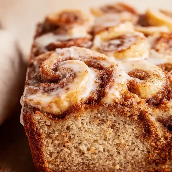 Slice of cinnamon swirled banana bread on a wooden cutting board