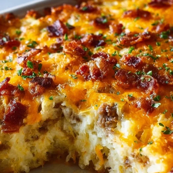Classic Breakfast Hashbrown Casserole served in a dish with melted cheese on top