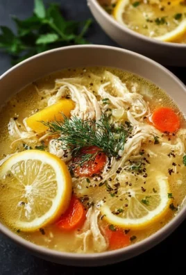 Bowl of Classic Greek Lemon Chicken Soup garnished with lemon and herbs