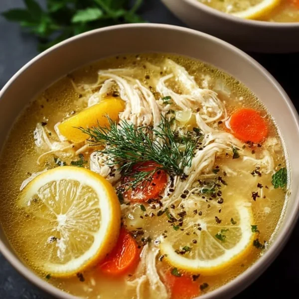 Bowl of Classic Greek Lemon Chicken Soup garnished with lemon and herbs