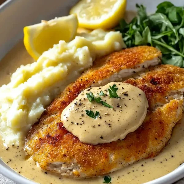 Delicious creamy Chicken Schnitzel with golden crust and savory sauce