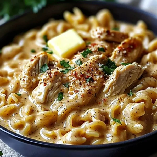Creamy cowboy butter chicken pasta served in a bowl with herbs and spices