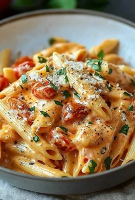 Creamy tomato garlic pasta dish garnished with fresh herbs