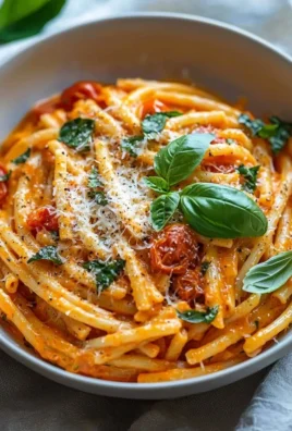 Creamy tomato garlic pasta dish with herbs and cheese served in a bowl