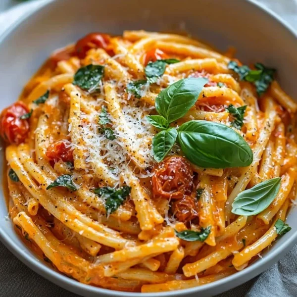 Creamy tomato garlic pasta dish with herbs and cheese served in a bowl