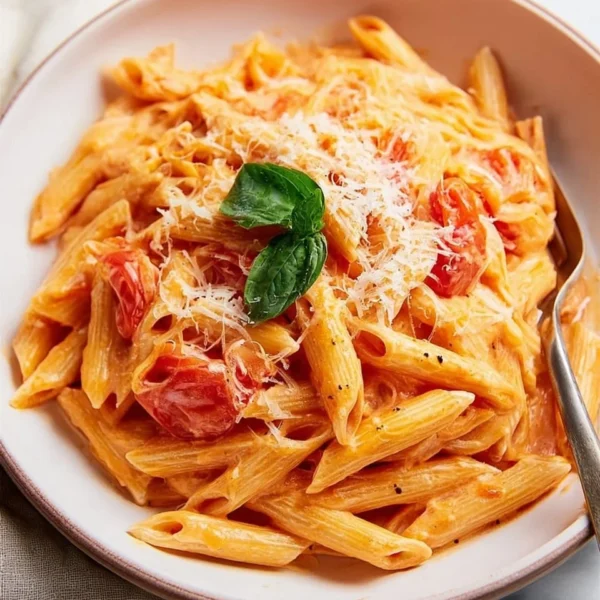 Delicious creamy tomato pasta served in a bowl with fresh herbs on top