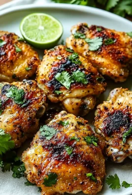 Crispy Cilantro Lime Chicken Thighs garnished with fresh cilantro and lime