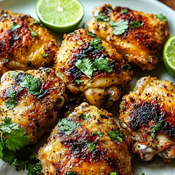 Crispy Cilantro Lime Chicken Thighs garnished with fresh cilantro and lime