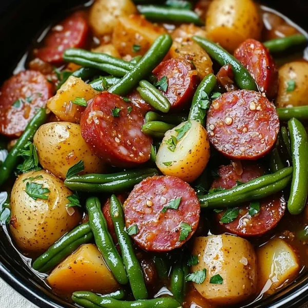 Crockpot Sausage and Green Beans dish served in a bowl