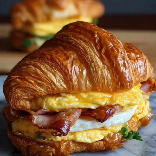 A delicious croissant breakfast sandwich filled with egg and cheese.