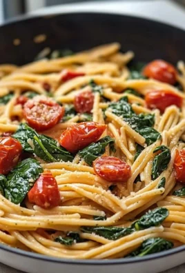 A bowl of delicious spinach tomato pasta garnished with fresh herbs.