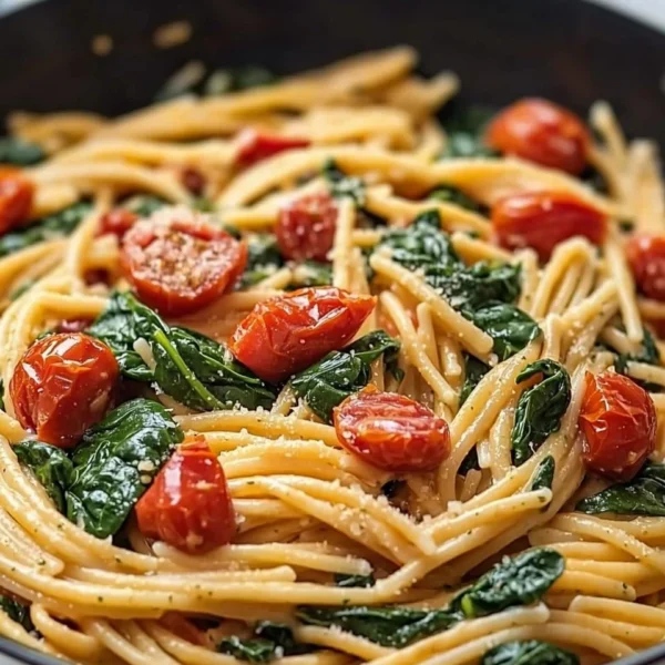 A bowl of delicious spinach tomato pasta garnished with fresh herbs.