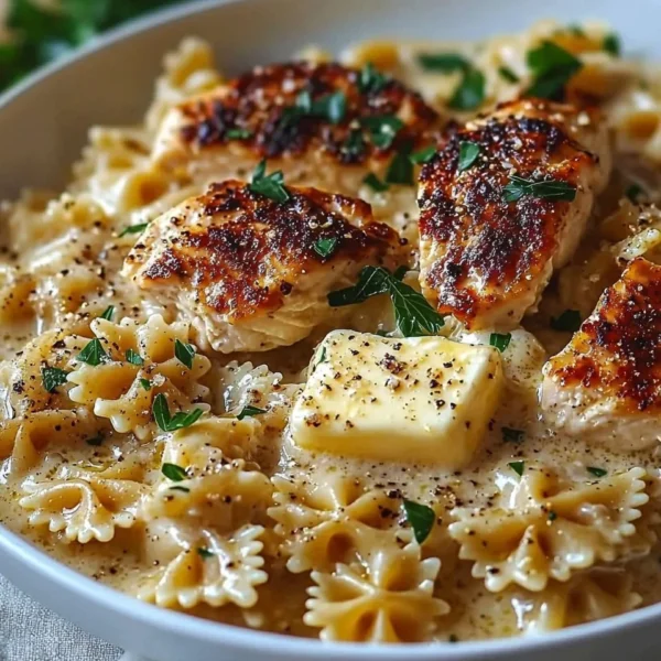 Delicious Garlic Butter Chicken served with bowtie pasta, a comforting meal.