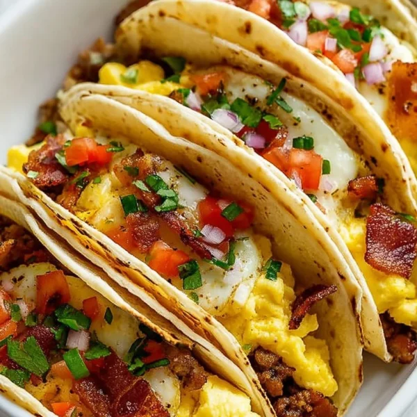 Plate of easy baked breakfast tacos with eggs, cheese, and veggies
