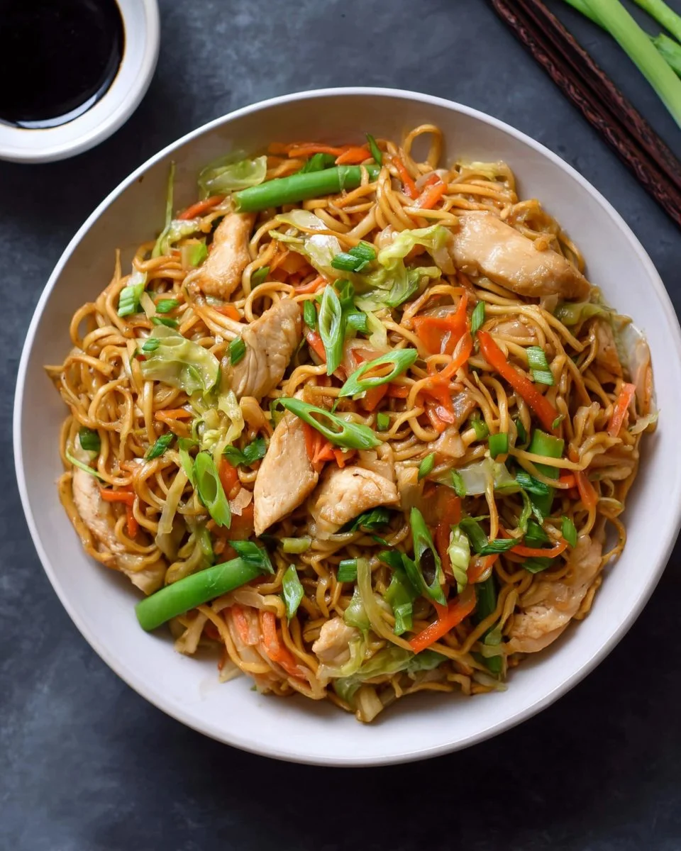 Delicious plate of easy chicken chow mein with fresh vegetables and noodles