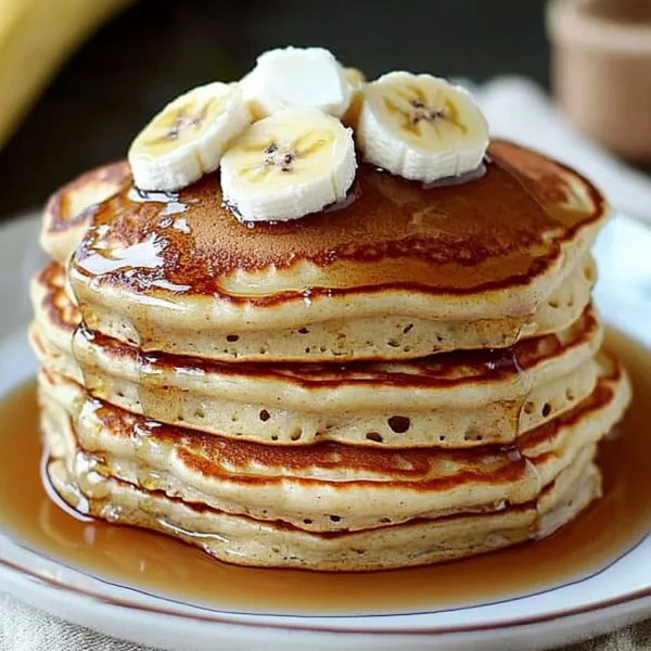 A plate of fluffy banana pancakes topped with syrup and banana slices
