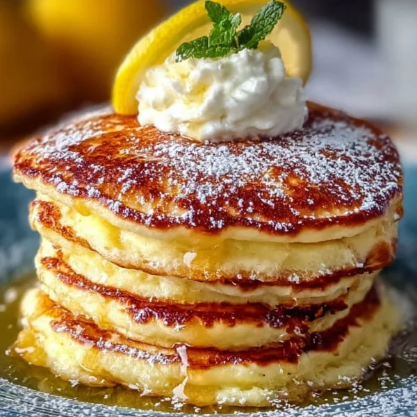 Fluffy lemon ricotta pancakes stacked on a plate with syrup and lemon slices