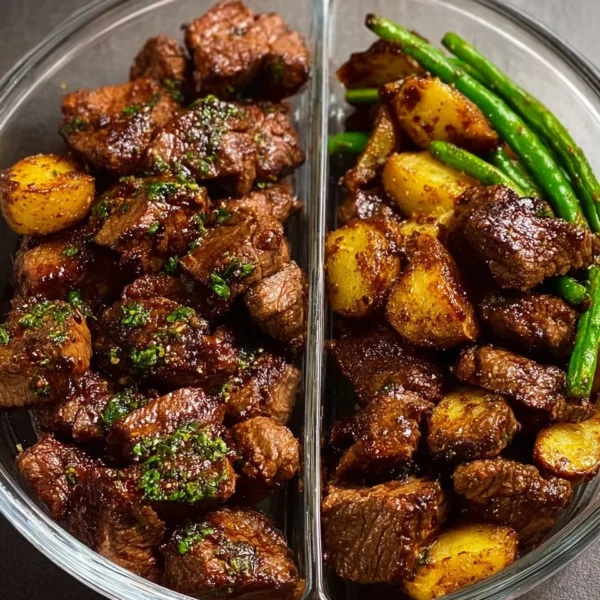 Garlic balsamic steak bites served on a plate, garnished with herbs