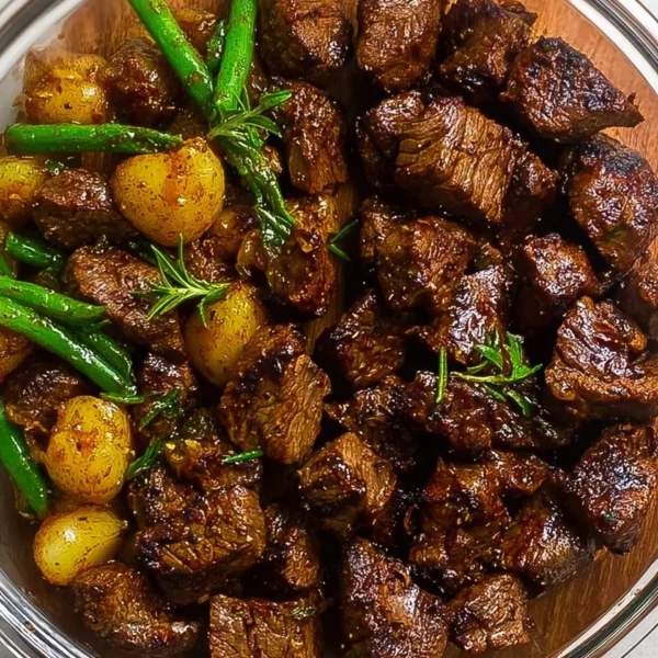 Delicious garlic balsamic steak bites served on a platter.