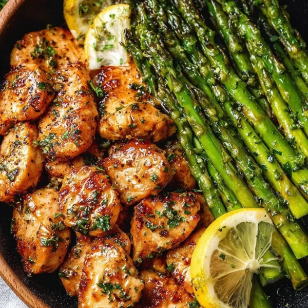 Garlic butter chicken bites served with lemon asparagus on a plate.