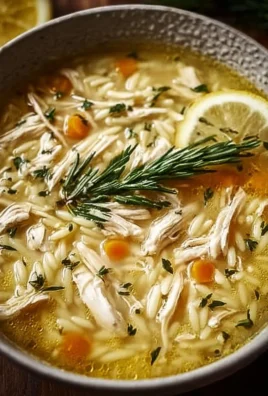 Bowl of Greek lemon chicken soup with herbs and lemon slices