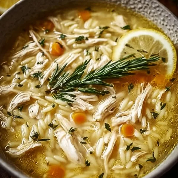 Bowl of Greek lemon chicken soup with herbs and lemon slices
