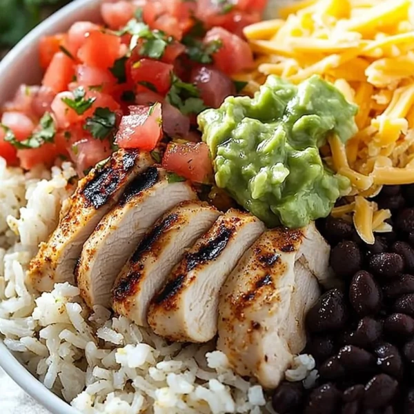 Delicious grilled chicken burrito bowl with rice and beans