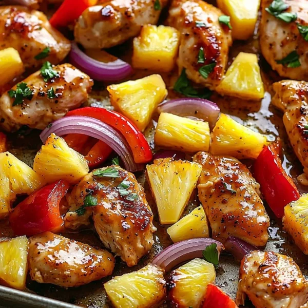 Hawaiian Chicken Sheet Pan recipe with pineapple and fresh vegetables