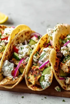 Delicious Mediterranean Chicken Tacos garnished with fresh herbs and veggies.