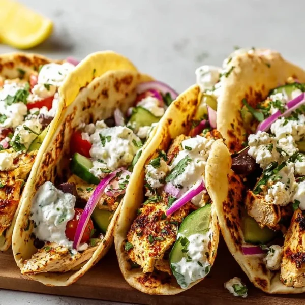 Delicious Mediterranean Chicken Tacos garnished with fresh herbs and veggies.