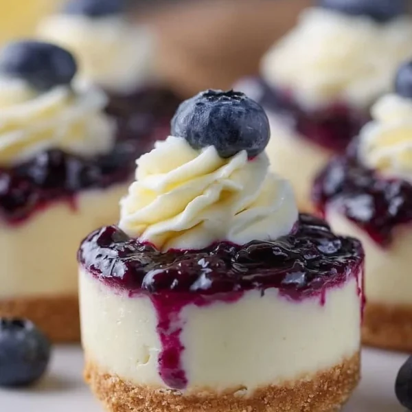 Healthy mini lemon blueberry cheesecakes on a white plate garnished with blueberries