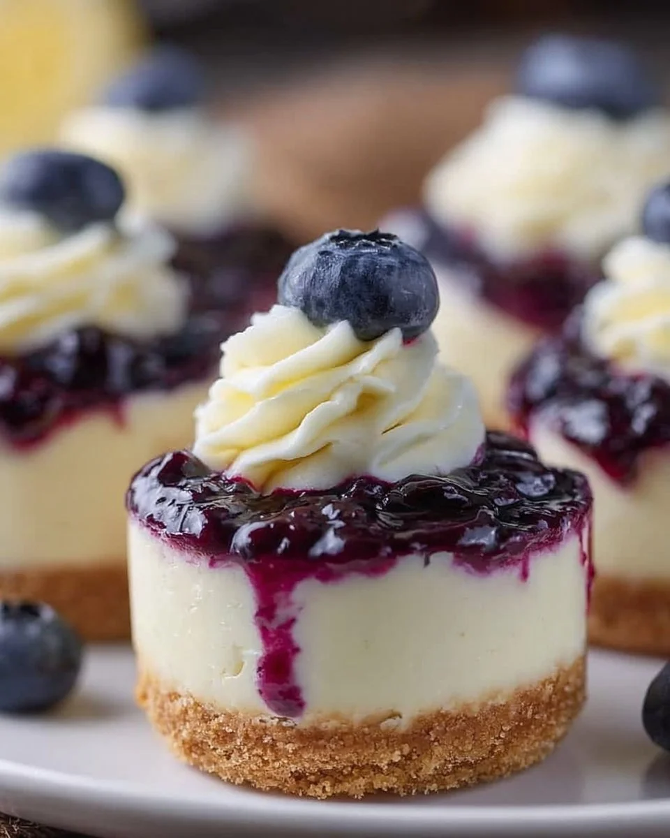 Healthy mini lemon blueberry cheesecakes on a white plate garnished with blueberries