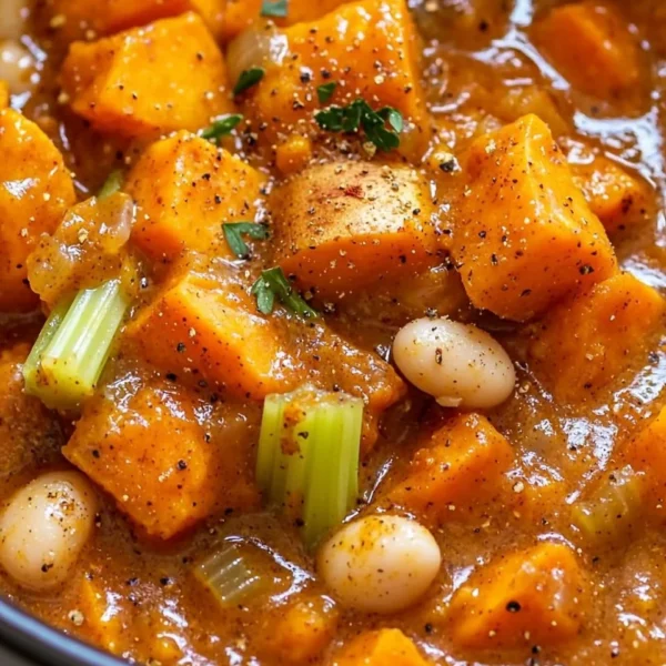 Bowl of hearty vegan sweet potato stew with vegetables and herbs.