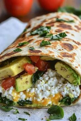 High-protein breakfast wrap with cottage cheese, avocado, and fresh vegetables.